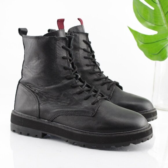 Zara Womens Combat Boot Size 37 6 Black Leather Lace Up Chunky Lug Sole Bootie - Picture 12 of 13